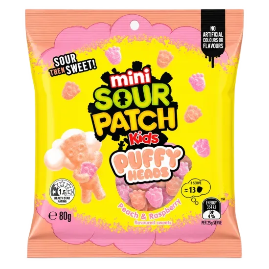 Sour Patch Kids Mini Puffy Heads Peach & Raspberry - Australia