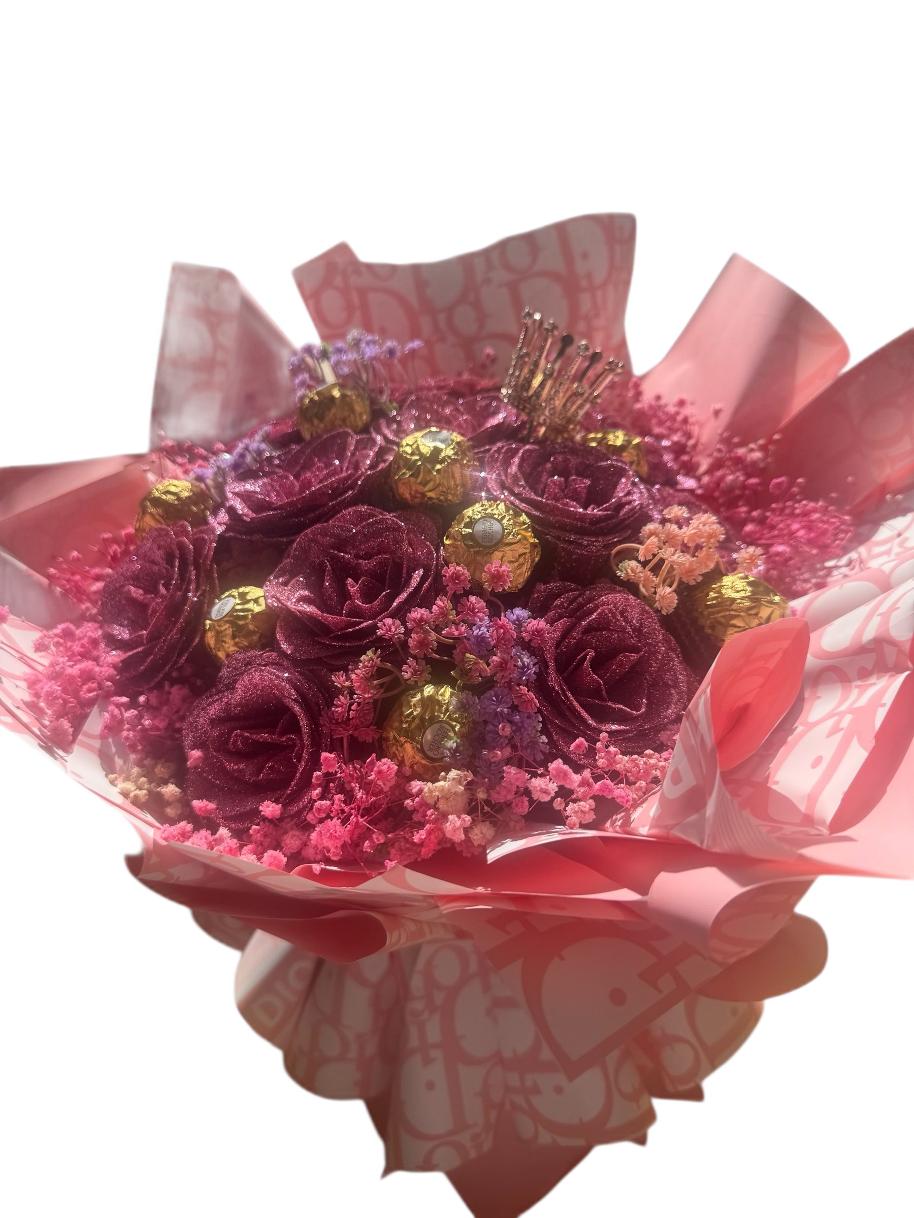 Eternal Glitter Rose and Fererro Rocher Bouquet - Pink